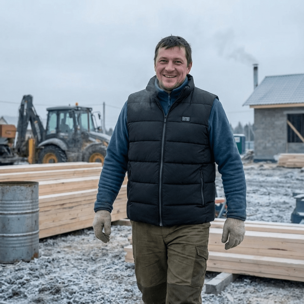 Mężczyzna w kamizelce na tle zimowego krajobrazu