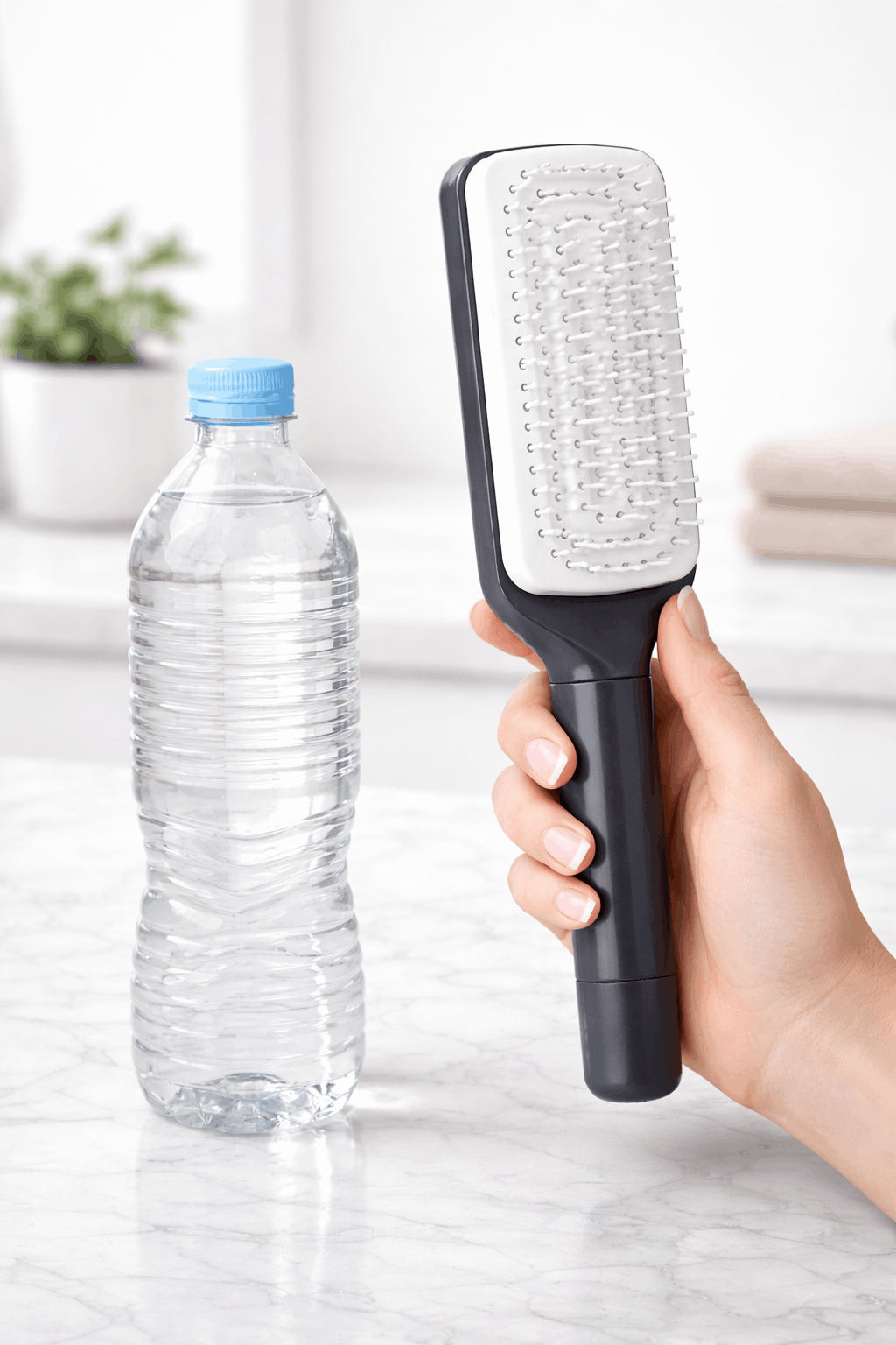 Rozmiar szczotki samoczyszczącej – 24 cm, porównanie z butelką wody