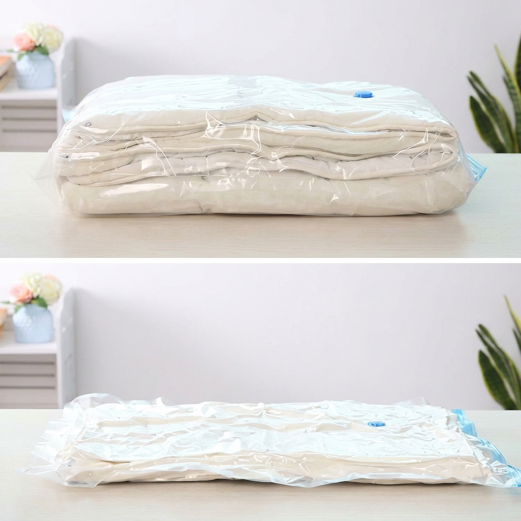 Worek próżniowy przed i po sprężeniu — porównanie grubości