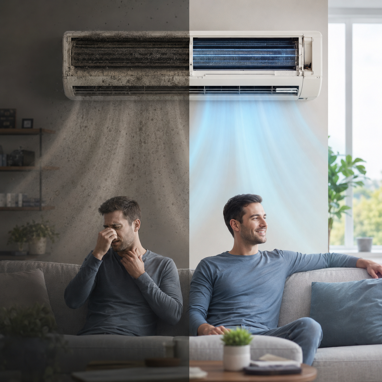 Porownanie zabrudzonej i czystej klimatyzacji w pokoju